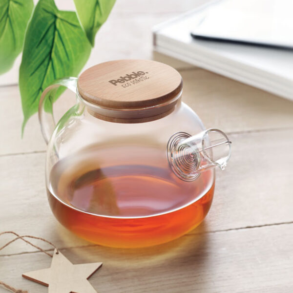 Théière en verre borosilicaté avec infuseur inox et couvercle bambou personnalisée – Image 1