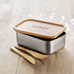 Lunchbox en acier inoxydable avec couvercle bambou et couverts personnalisée