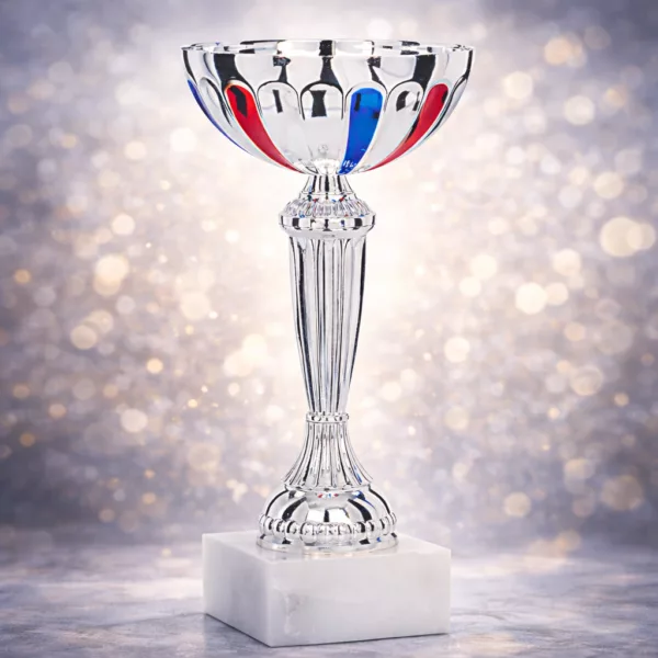 1541-0 Coupe trophée argentée avec touches bleu et rouge personnalisable – Image 1